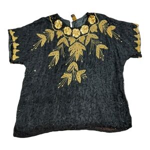 Gunit Women’s Size 24 Vintage Sequin Floral Beaded 100% Rayon Gold Black Blouse